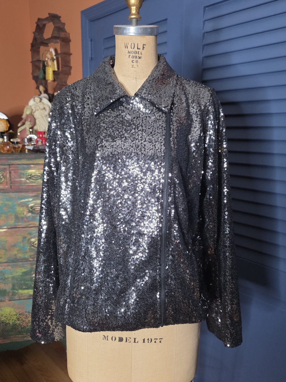 Colleen Lopez Black Sequin Zip Jacket
